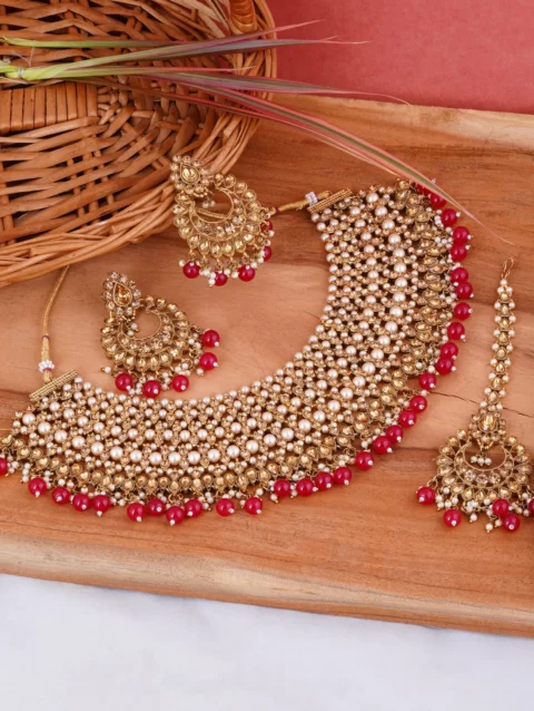 Kundan beads necklace maang tika earring set bollywood fashion traditional ethnic party wear red bridal diwali festival wedding
