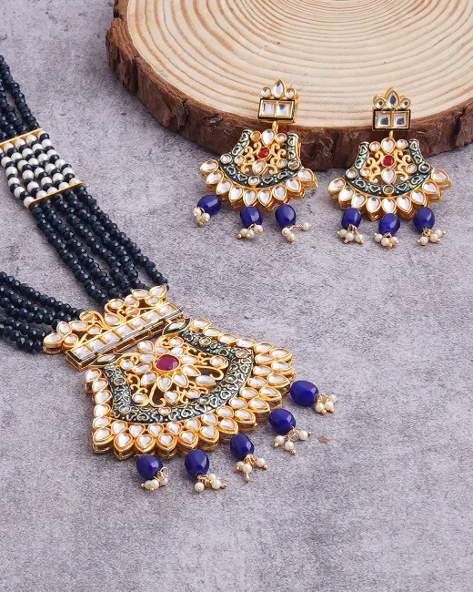 kundan pearls choker necklace earring set black blue traditional handmade jaipur jewelry ethnic valentine gift festival women