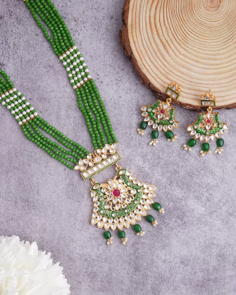 kundan pearls choker necklace earring set green traditional handmade jaipur jewelry olive party ethnic jewellery