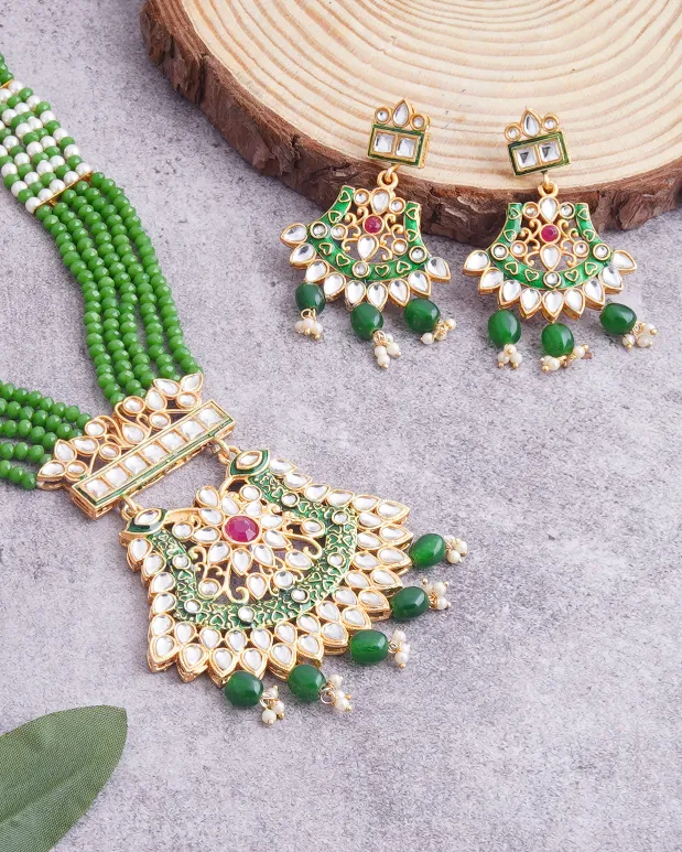 kundan pearls choker necklace earring set green traditional handmade jewelry