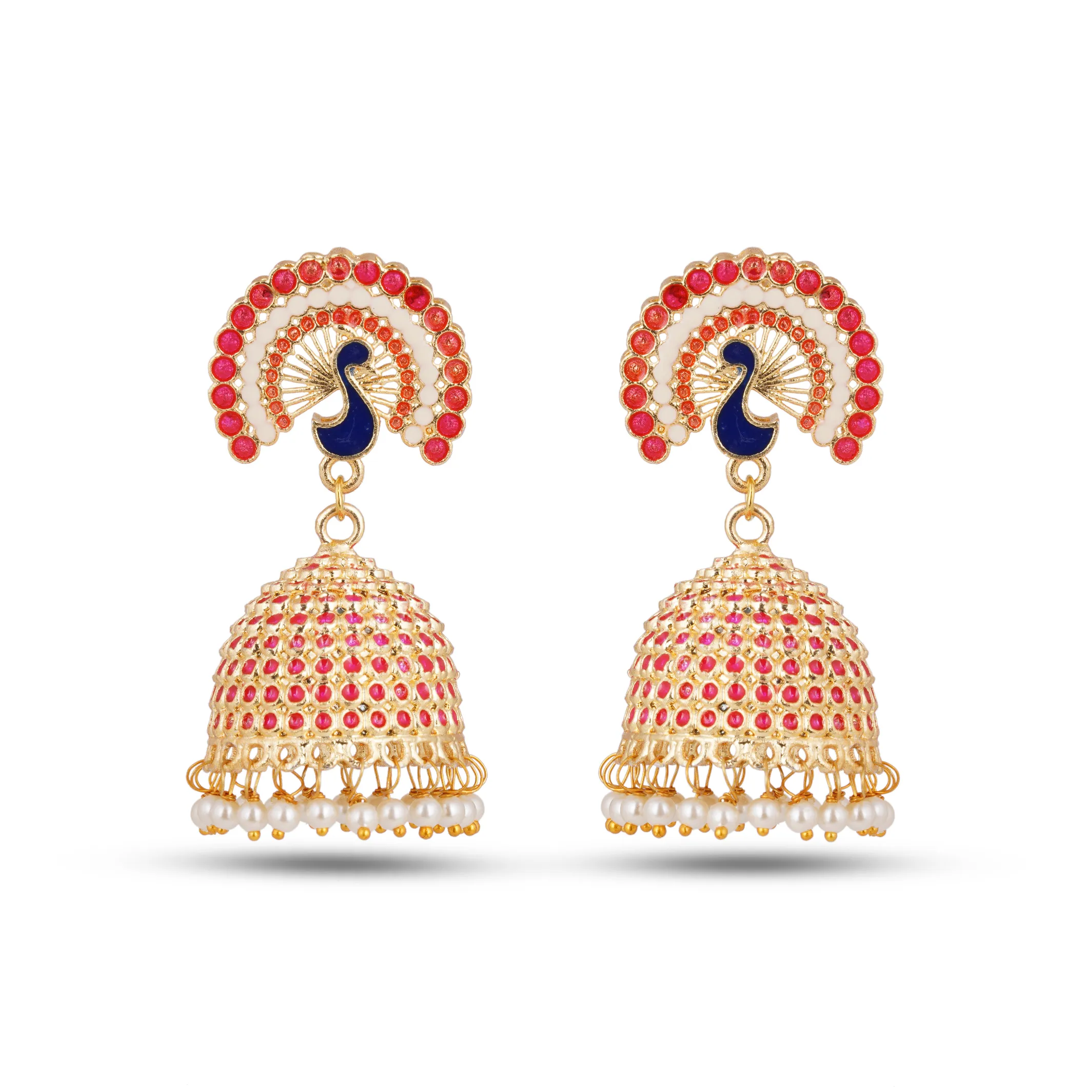 Artisan Peacock Minakari Earrings Magenta Gold handmade earrings beautiful designs earrings at best price Peacock design in magenta color