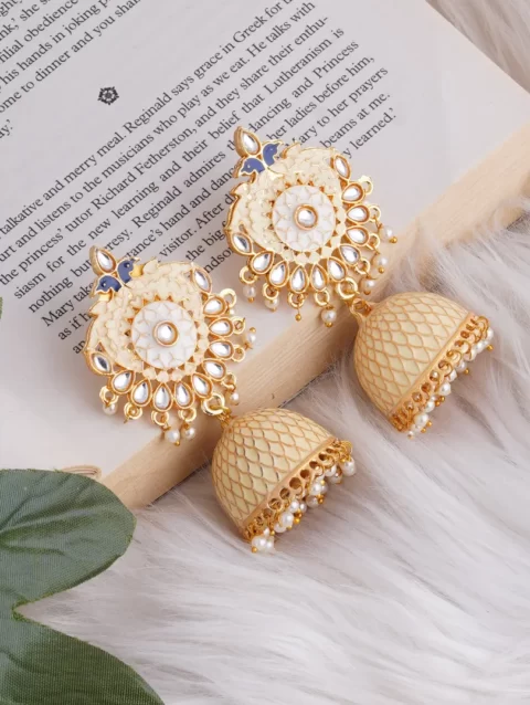 Beautiful Indian Pakistani Kundan Mina Earrings Off White cream peacock ethnic wear bollywood style classy