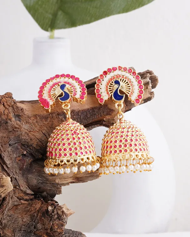 Exquisite Peacock Design Minakari Earrings Magenta Golden handmade earrings beautiful designs earrings at best price Peacock design in magenta color