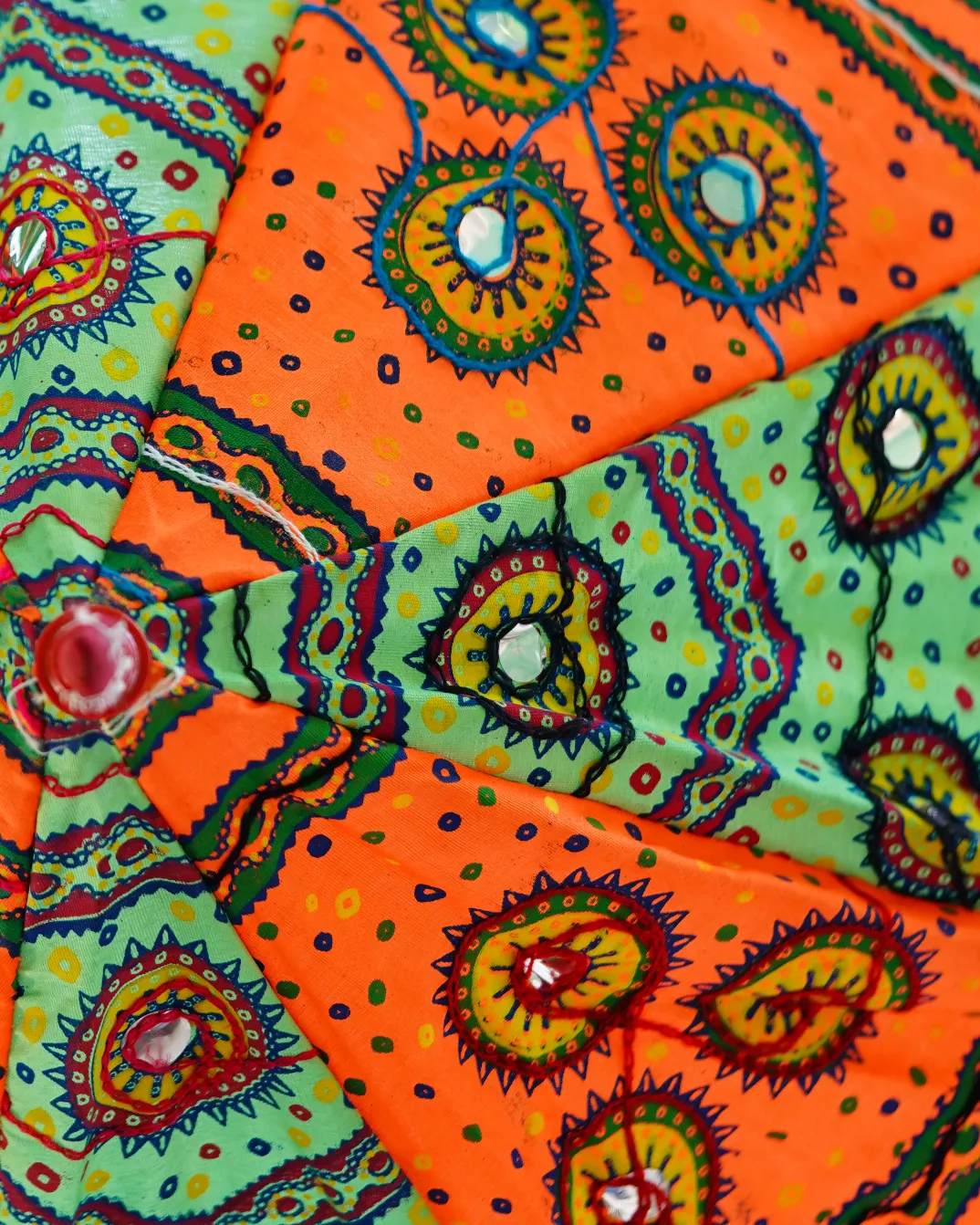 Handcrafted-Rajasthani-Umbrella-Embroidery-Detail Close-up of the handcrafted Rajasthani umbrella, highlighting the detailed embroidery and craftsmanship