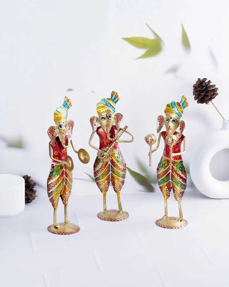 Colorful handcrafted wrought iron Ganesh statues, depicting prosperity, wisdom, and success