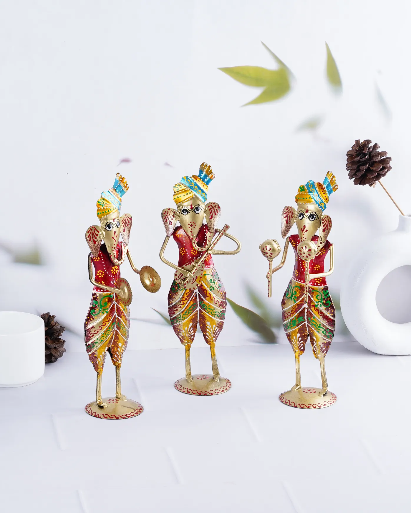 Harmony-of-Colors-Wrought-Iron-Musical-Ganesh-Set Colorful handcrafted wrought iron Ganesh statues, depicting prosperity, wisdom, and success