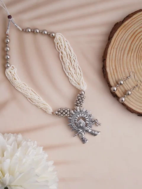 Oxidized Handmade Jaipur Jewelry white silver beads sri krishna pendant set gift for women