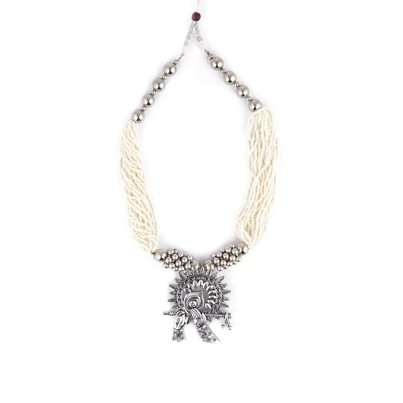 Oxidized Handmade Jaipur Jewelry white silver beads sri krishna pendant sri radhey
