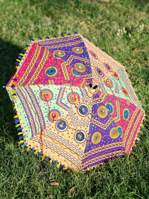Front view of the Rajasthani decorative umbrella, showcasing its intricate design and vibrant colors