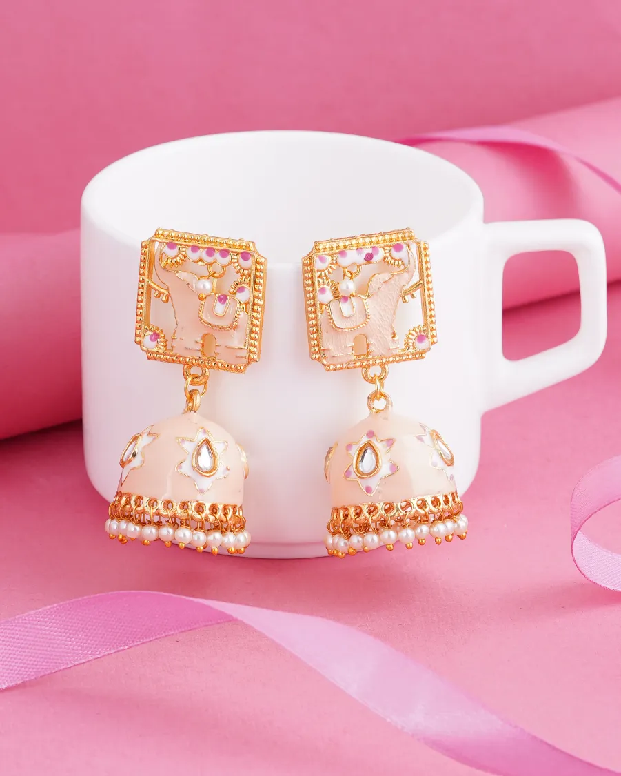 Royal Elephant Inspired Jhumka Earrings Peach Golden Beautiful elephant jhumka earrings, handcrafted with intricate details and vibrant colors fashion Jewelry discounted price