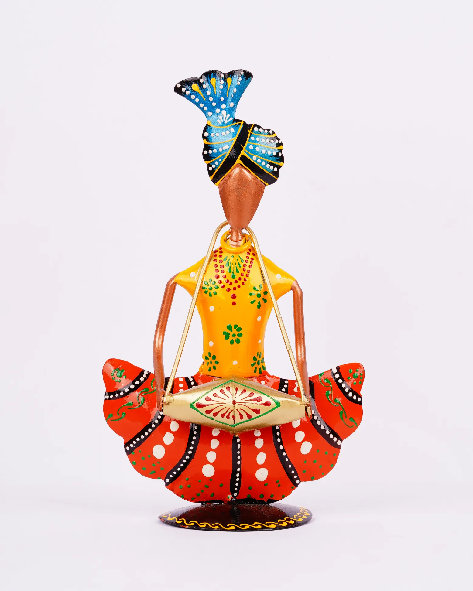 Yellow-Red-Wrought-Iron-Folk-Musician Handcrafted wrought iron musical sculpture, celebrating the melodies and traditions of Rajasthan