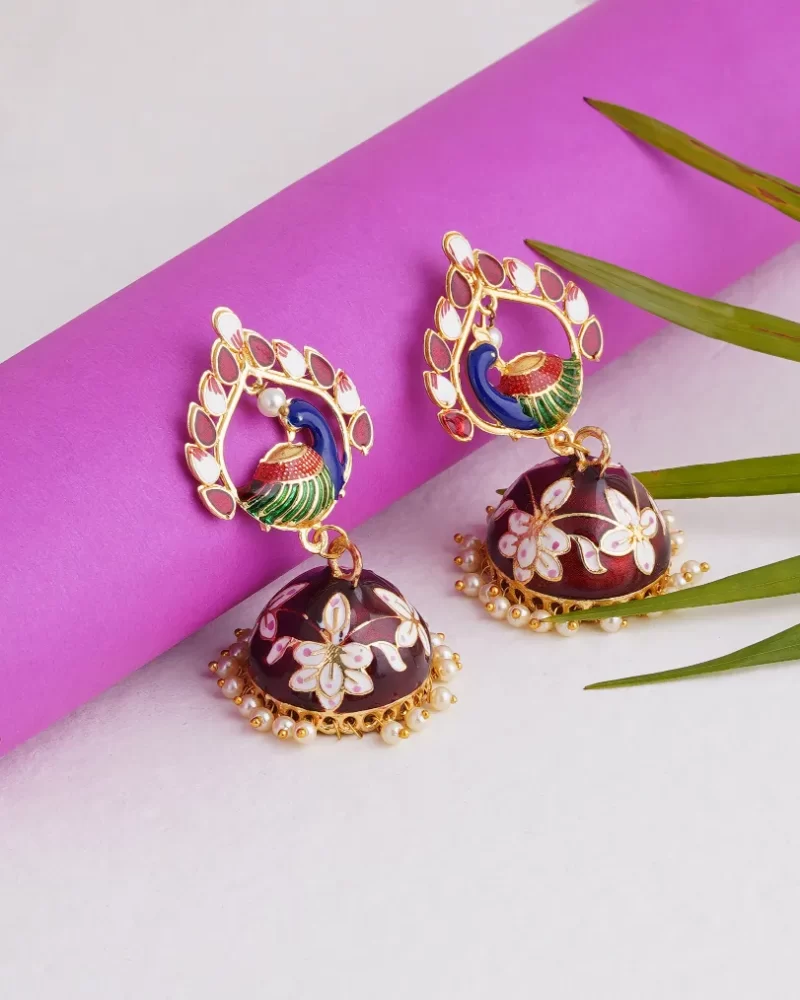 Indian Pakistani jaipur minakari beautiful earrings peacock bird beautiful red maroon colorful perfect gift ethnic wear for her festival royal stylish bollywood classy traditional