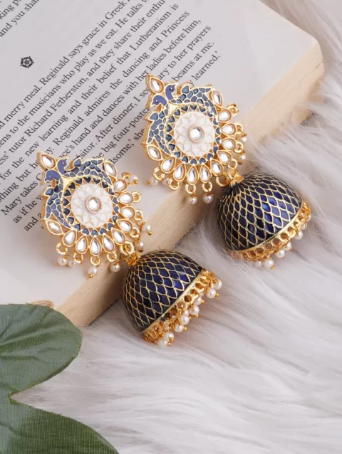 beautiful handmade jaipur kundan mina earrings navy blue Indian Jewelry gift for women festival bollywood jewelry