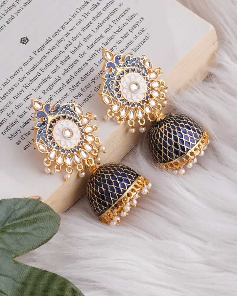 beautiful handmade jaipur kundan mina earrings navy blue Indian Jewelry gift for women festival bollywood jewelry