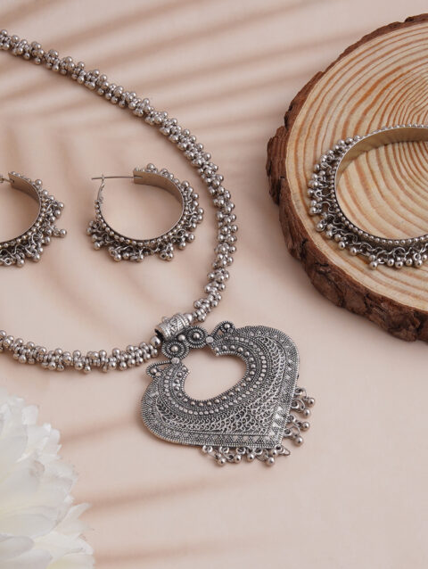 german silver oxidized jewelry handmade oxidized set pendant earring bracelet gift for women Indian fashion Jewelry