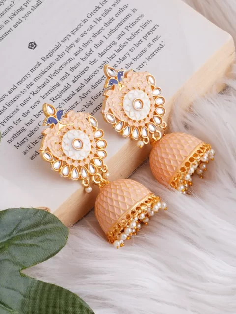 handmade beautiful indian kundan mina earring peach peacock classy part wear ethnic festive beautiful gift valentine