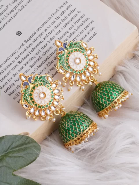 handmade jaipur kundan mina earrings green golden ehnic Indian Jewelry bollywood style fashion earring perfect gift for her