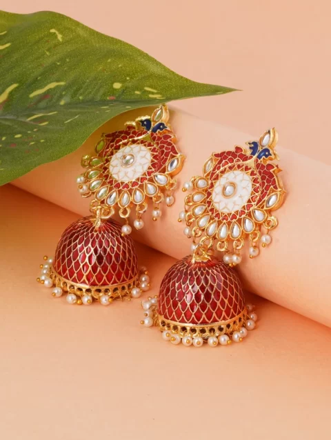 handmade jaipur minakari beautiful peacock earrings red traditional ethnic Indian