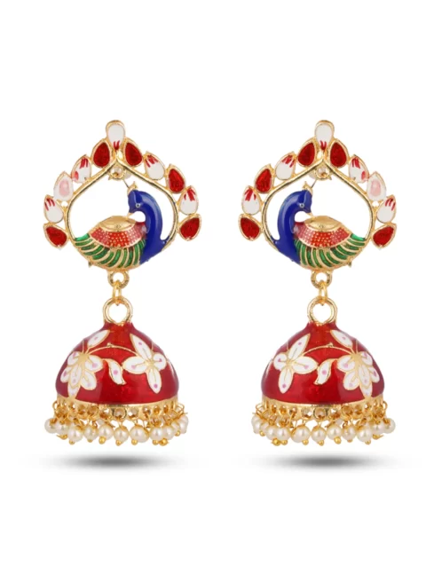 jaipur minakari beautiful earrings peacock bird beautiful color red white perfect gift ethnic wear Indian Pakistani Perfect Gift for her festival royal stylish bollywood classy traditional