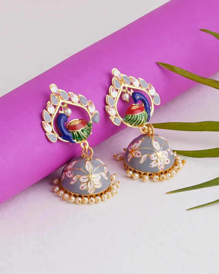 Grey Colour - Golden Combination Silk Thread Jhumukka Earrings