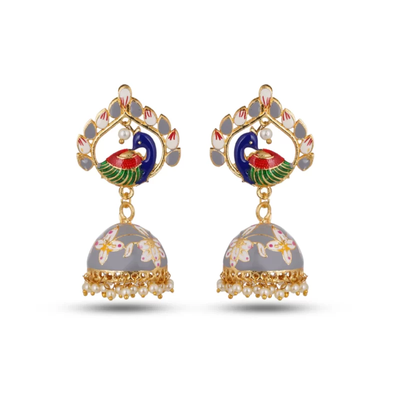 pur minakari beautiful earrings peacock bird beautiful light grey black white perfect gift ethnic wear Indian Pakistani Perfect Gift for her festival royal stylish bollywood classy traditional