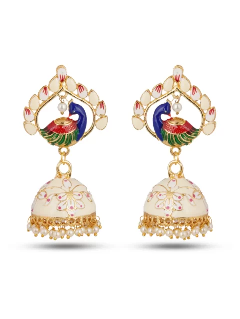 jaipur minakari beautiful earrings peacock bird beautiful off white cream color perfect gift ethnic wear Indian Pakistani Perfect Gift for her festival royal stylish bollywood classy traditional