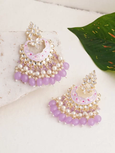 Beautiful ethnic chandbali for girls light purple color with faux pearls handmade in India stylish and traditional jewelry