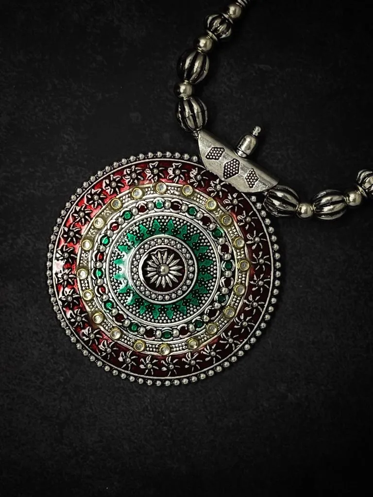 Beautiful Round Handmade German Silver Oxidized Pendant Red Beautiful Round Oxidized Pendant, Handmade German Silver Pendant