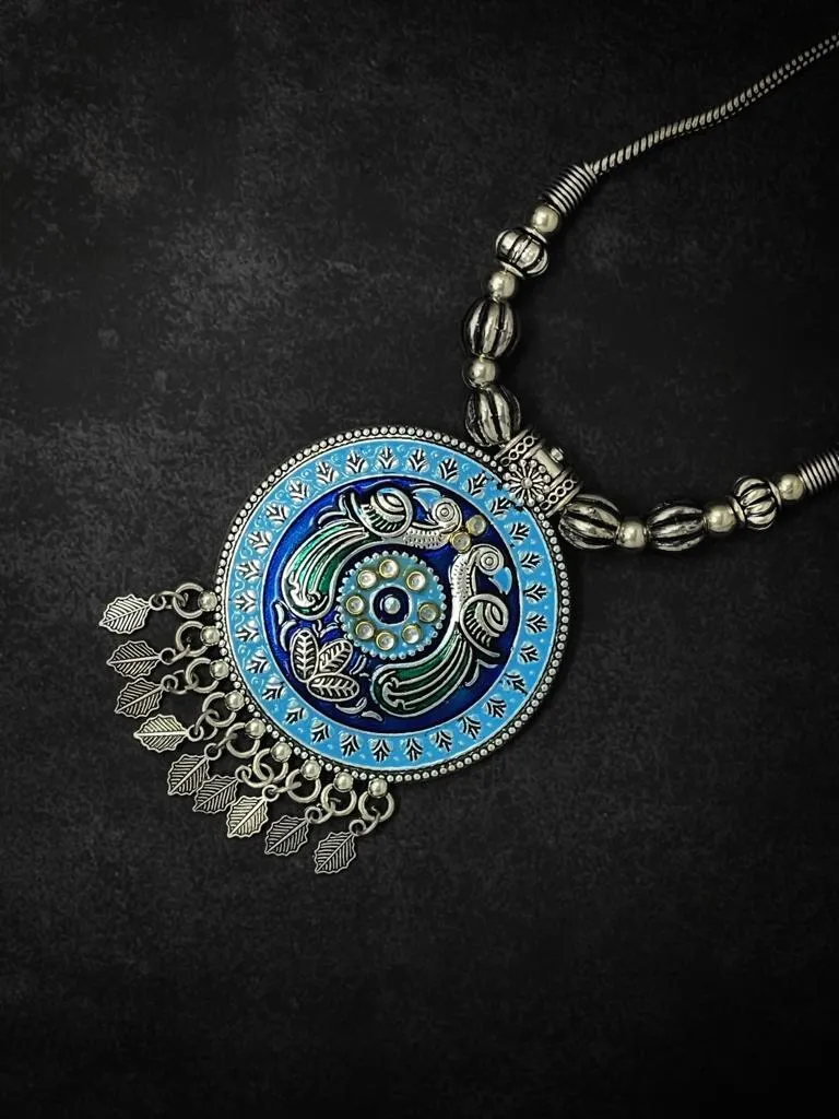 Peacock Emboss Round German silver Oxidized Pendant Blue Peacock Emboss Round German Silver Oxidized Pendant